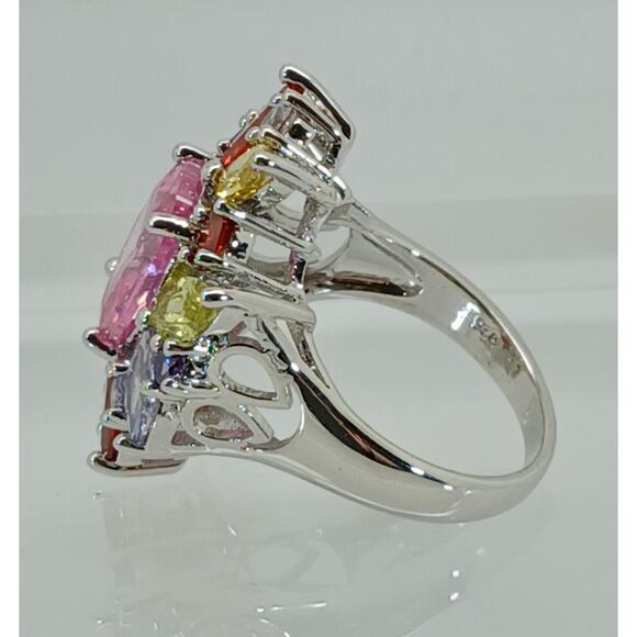 Vintage Ring Size 8 Silver Tone White Gold GP Pink CZ Diamond Cocktail - Picture 7 of 10
